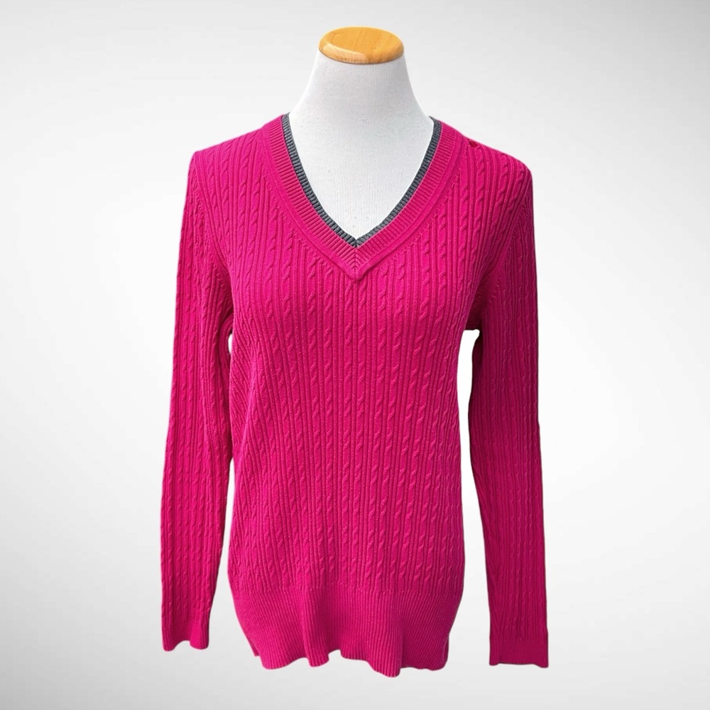 Tommy Hilfiger Ribbed V-Neck Sweater Contrast Neckline Long Sleeves